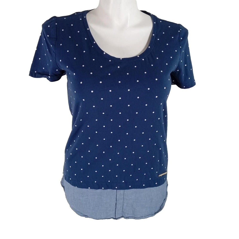 Jones NY Tee Shirt LARGE Navy Blue White Polka Dot Short‎ Sl Signature Layer